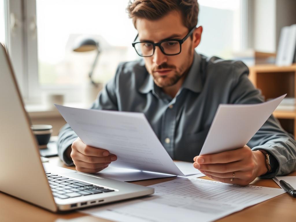 A close-up shot of a tax professional reviewing documents with a calculator and laptop on a desk, showcasing a focused expression. The environment is well-lit and organized, emphasizing professionalism and accuracy in tax preparation.