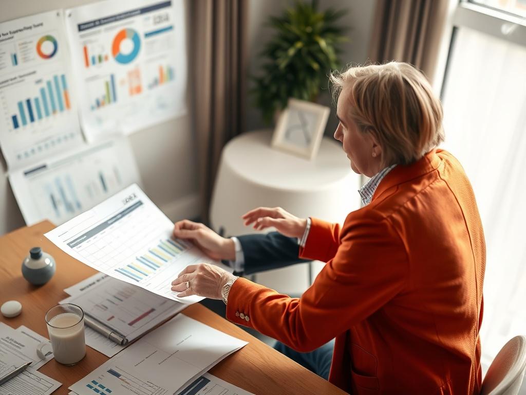 A tax advisor and a client engaging in a detailed discussion over tax documents, surrounded by charts and graphs. The atmosphere is collaborative, emphasizing the personalized approach to tax preparation.