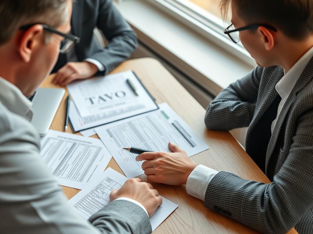 A close-up of a tax consultant discussing tax laws with a client, with tax forms and a laptop visible on the table. The setting conveys trust and professionalism, highlighting the importance of compliance in tax preparation.