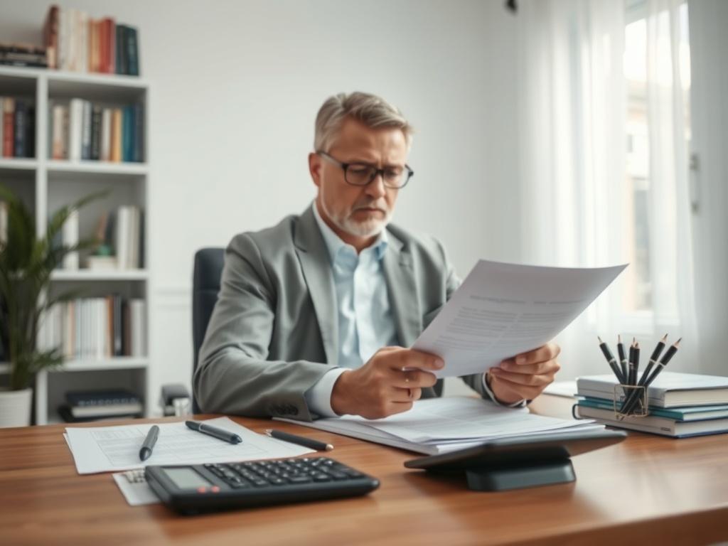 Create a realistic high-resolution photo focused on a single subject: a professional-looking tax preparer sitting at a modern desk, deeply engaged in reviewing financial documents. The preparer is a middle-aged person, wearing business casual attire, with a focused expression that conveys expertise and diligence. 

In the foreground, feature neatly organized tax documents and a calculator, emphasizing the theme of tax preparation. The background should be softly blurred to maintain clarity on the subject, s