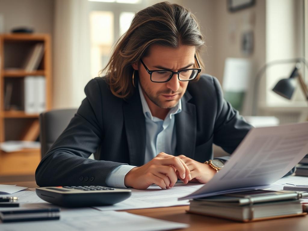 A close-up shot of a focused tax preparer at work, surrounded by neatly organized paperwork and a calculator. The background should be softly blurred, emphasizing the tax preparer’s concentration and professionalism. The scene is warm and inviting, with natural light illuminating the workspace, creating an atmosphere of trust and expertise. The primary color palette features shades of rgb(193, 153, 87), enhancing the overall aesthetic.