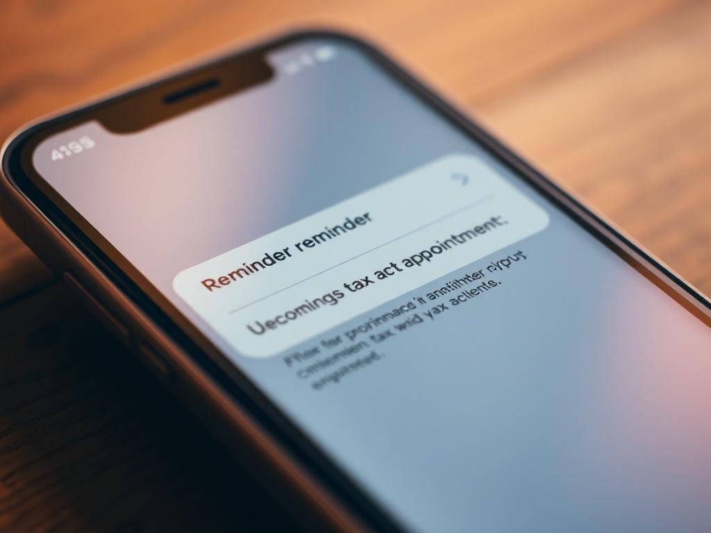 A close-up shot of a reminder notification on a smartphone screen, with a clear message about an upcoming tax appointment. The background is blurred to keep focus on the phone, featuring warm colors that align with the RGB(193, 153, 87) theme.