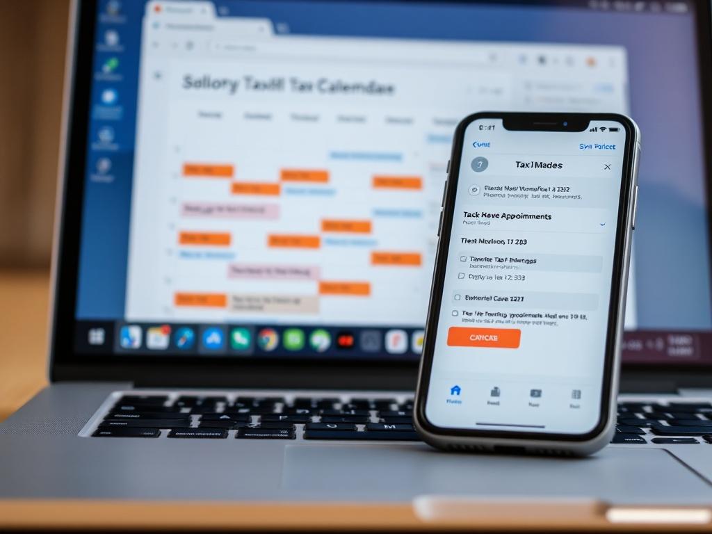 A close-up shot of a laptop and smartphone side by side, displaying a synced calendar with tax-related appointments. The background is softly blurred, emphasizing the devices, and the colors harmonize with the RGB(193, 153, 87) palette.