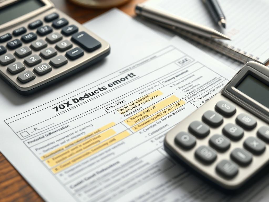 A close-up of tax documents with highlighted sections showing potential deductions, alongside a calculator. The background is a desk with a notepad and a pen, emphasizing careful review and financial strategy.