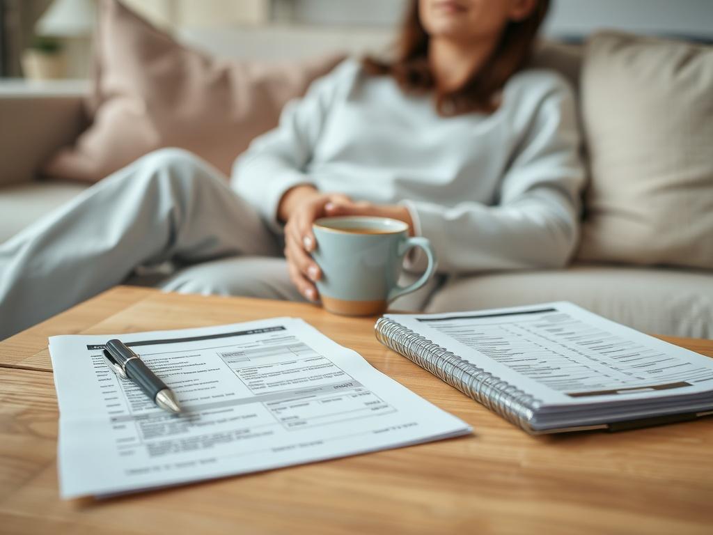 A serene close-up shot of a person relaxing on a sofa with a cup of coffee, while tax documents are neatly organized on a nearby table. The background should feature a calm living room setting, evoking a sense of tranquility. Soft lighting enhances the feeling of relaxation amidst tax season.