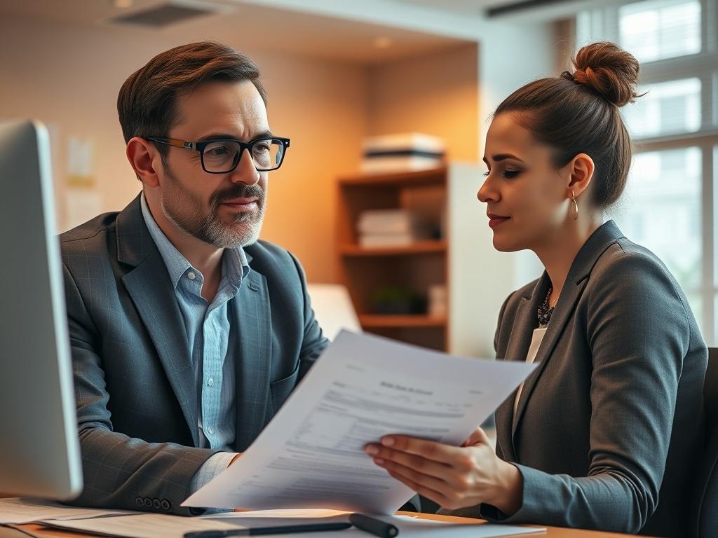 A close-up shot of a tax expert in a professional setting, reviewing tax documents with a client. The background should show a well-organized office with tax forms and a computer. The expert appears confident and approachable, engaging with the client. The lighting is warm and inviting, creating a sense of trust and professionalism.