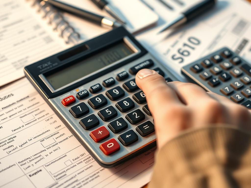 A detailed close-up shot of a calculator and tax documents on a desk, with a hand pointing at specific deductions. The background should show a notepad with financial notes, emphasizing careful financial planning. The lighting is bright and focused, highlighting the importance of maximizing deductions.