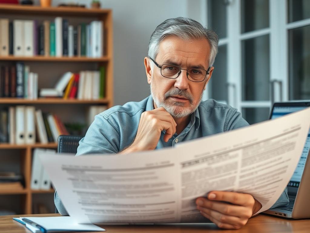 **AI Image Generation Prompt:**

Create a realistic high-resolution photo that visually represents the myth of the Offer in Compromise regarding tax settlements. The composition should be simple and clear, featuring a single subject: a thoughtful, middle-aged person (either gender) sitting at a desk in their home office. This individual should look contemplative and slightly concerned as they examine a detailed tax document, which is prominently placed in front of them.

The background should consist of a w