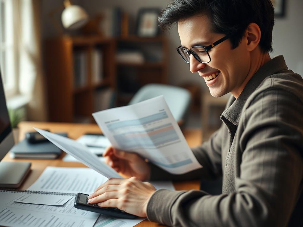 A close-up shot of a happy individual reviewing their tax documents at a desk, with a calculator and financial papers scattered around. The background is soft-focused, showcasing a calming home office environment with warm light. The overall color palette should harmonize with a primary color of rgb(193, 153, 87).
