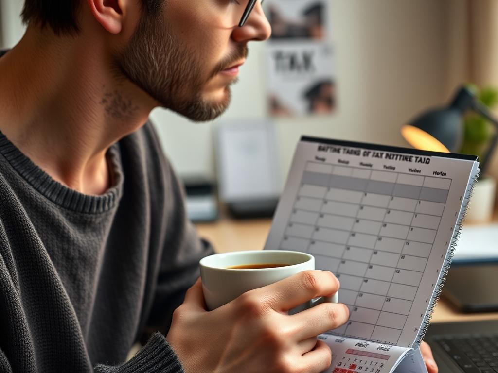A close-up shot of a relaxed individual enjoying a cup of coffee while looking at a calendar marked with tax deadlines. The background shows a tidy home office with gentle lighting, emphasizing a stress-free atmosphere. The colors should reflect the warm tones of rgb(193, 153, 87).