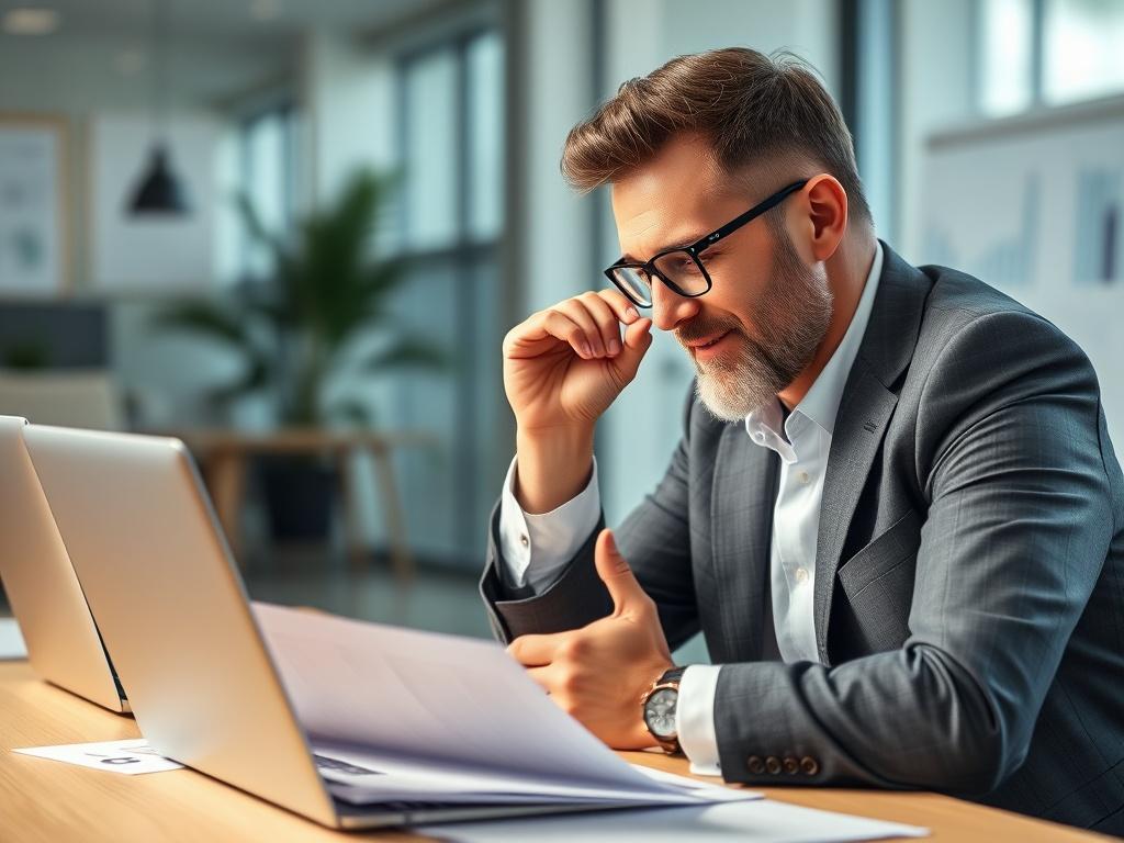 A close-up shot of a professional business owner looking relieved while discussing tax documents with a tax advisor. The setting is a modern office, with a laptop and charts visible in the background. The mood is confident and professional, and the primary color should match rgb(193, 153, 87).