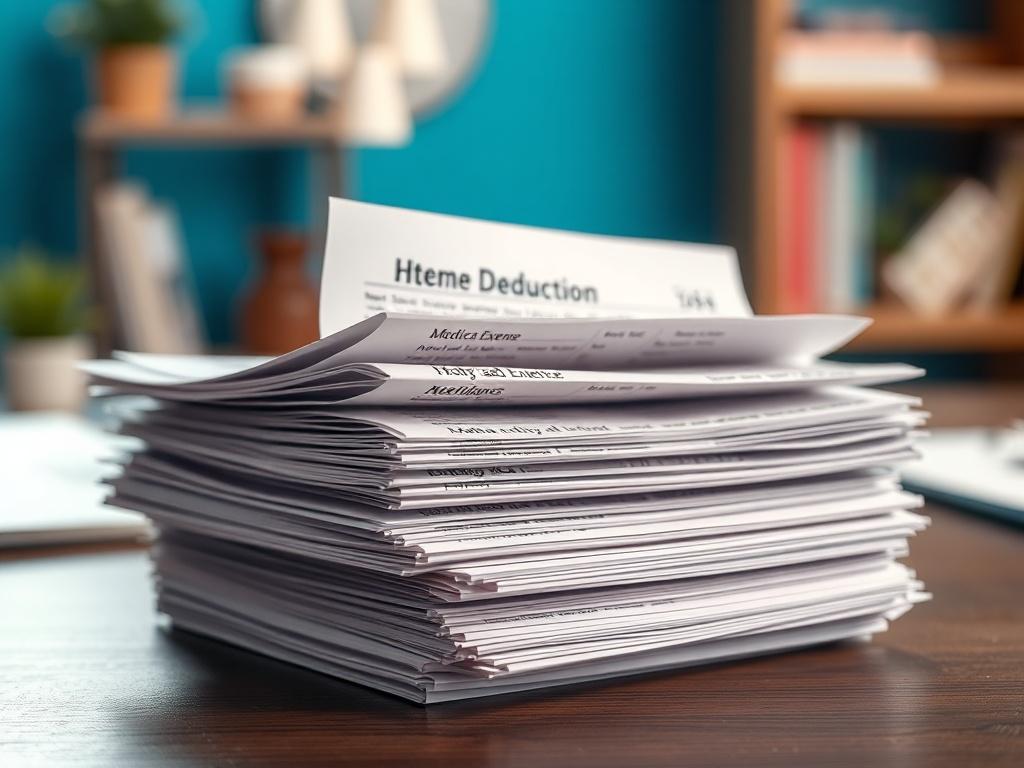 **AI Image Generation Prompt:**

Create a highly realistic high-resolution photo featuring a single close-up subject centered in the frame—a stack of neatly organized tax documents and receipts, symbolizing itemized deductions. The papers should include visible headers that hint at medical expenses, state and local taxes, mortgage interest, and charitable contributions, but without displaying any text. 

The background should be softly blurred to maintain focus on the documents, with a subtle hint of a home