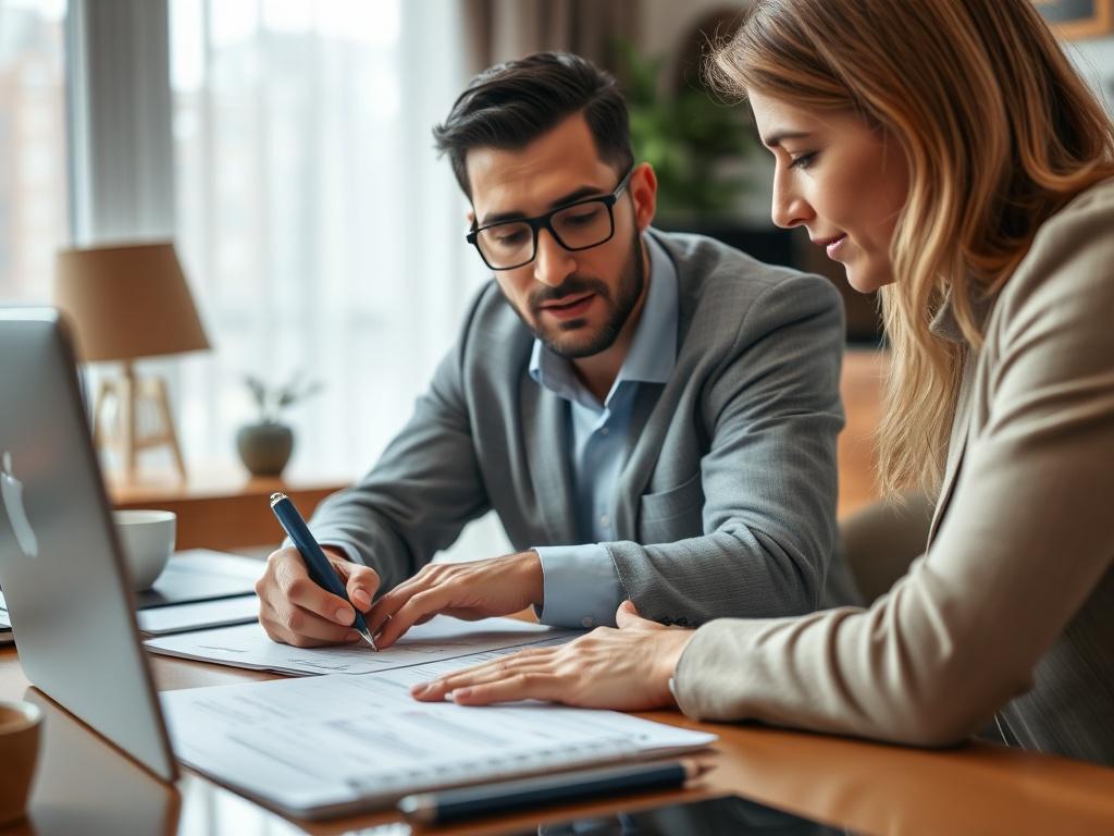 A close-up shot of a tax consultant working on a personalized tax plan with a client, highlighting interactive discussion and engagement. The environment is warm and inviting, fostering a sense of relationship and trust.