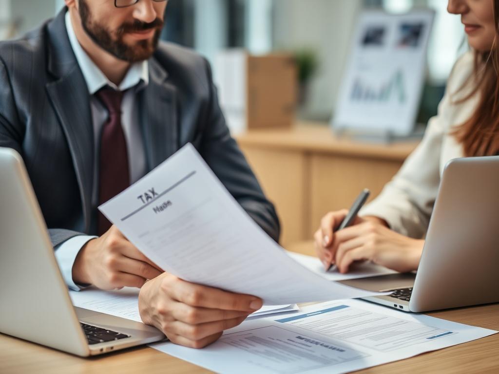 A close-up shot of a tax advisor discussing compliance documents with a client, emphasizing a collaborative atmosphere. The setting is professional, with tax-related materials and a laptop in the background, creating an engaging and informative scene.