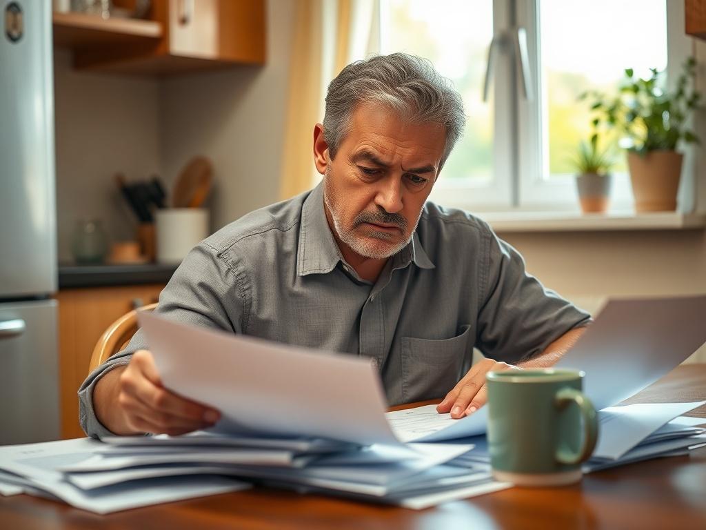 **Prompt for AI Image Generator:**

Create a realistic high-resolution photograph that captures the essence of state tax hardship relief resources in New York and California. Focus on a single subject: a concerned taxpayer, a middle-aged man, sitting at a kitchen table covered in tax documents. His expression should reflect stress and contemplation, with furrowed brows and a slight frown as he examines the paperwork.

The background should be a warmly lit, cozy kitchen to create a sense of familiarity and p