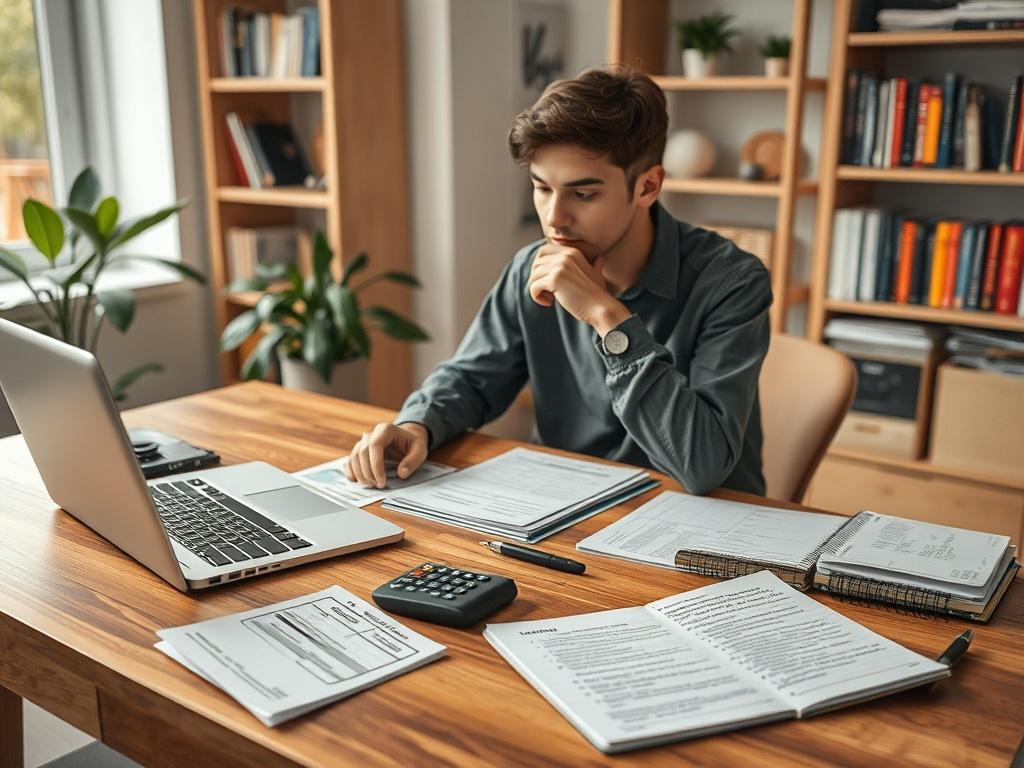 Create a realistic high-resolution photo that embodies the theme "Gig Worker Taxes Made Simple." The composition should be minimalistic and clear, featuring a single subject—a thoughtful gig worker, a young adult sitting at a wooden desk. The subject should be portrayed in the act of organizing tax documents on the desk.

The desk should be neatly arranged with various tax-related materials: tax forms (such as a 1099), a calculator, a laptop open to a tax software application, and a notepad or planner fille