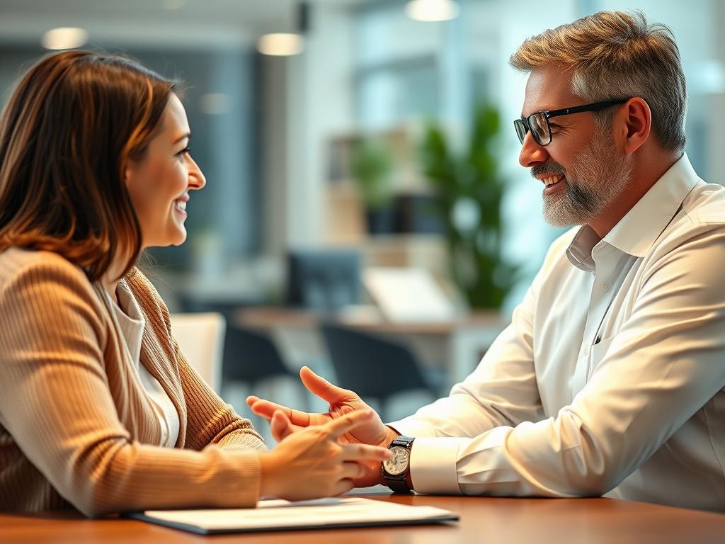 A focused image of a tax consultant discussing personalized financial strategies with a client, showcasing a warm and engaging interaction. The background features a modern office environment, emphasizing professionalism and trust.
