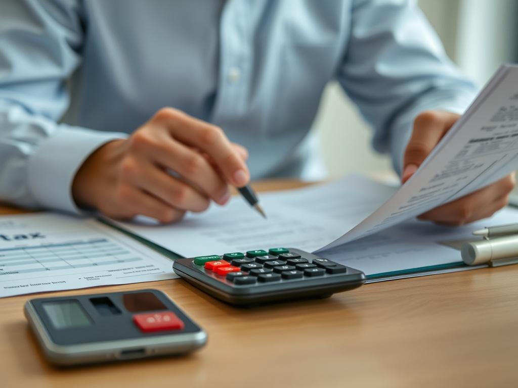 A close-up shot of a tax professional reviewing documents with a calculator on the table, showcasing meticulous attention to detail. The scene is well-lit, with a clean background emphasizing professionalism and focus.