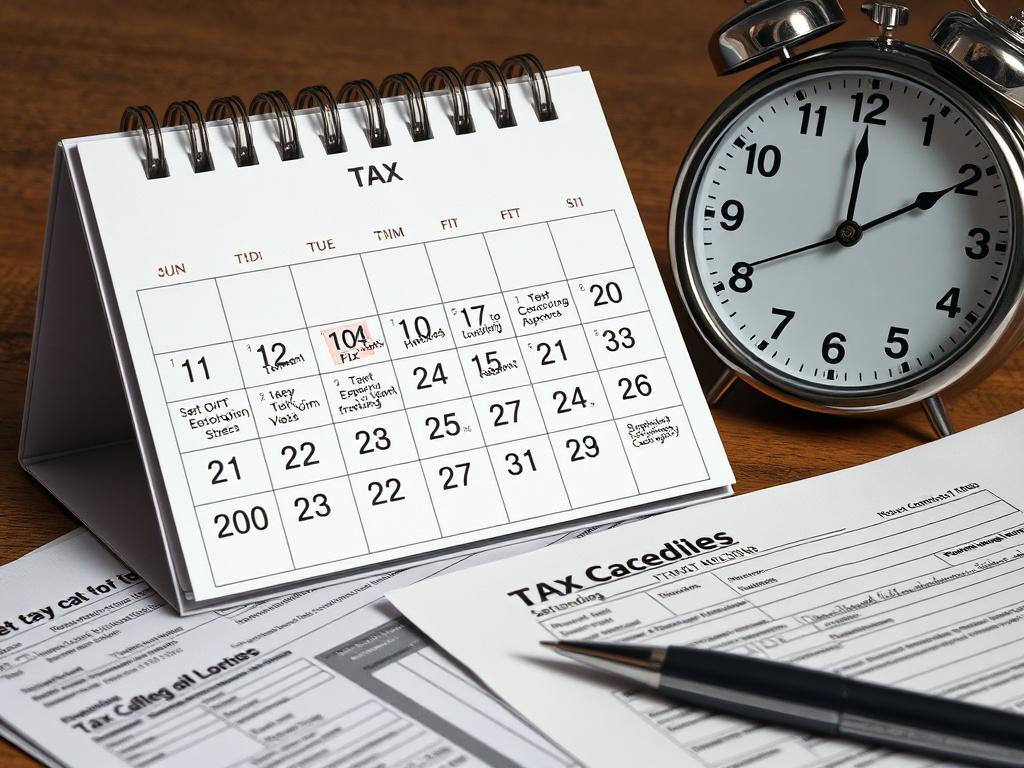 A close-up photo of a calendar marked with tax deadlines, alongside a clock and tax forms, representing time management and organization. The setting should feel urgent yet organized, emphasizing the importance of timely tax filing.