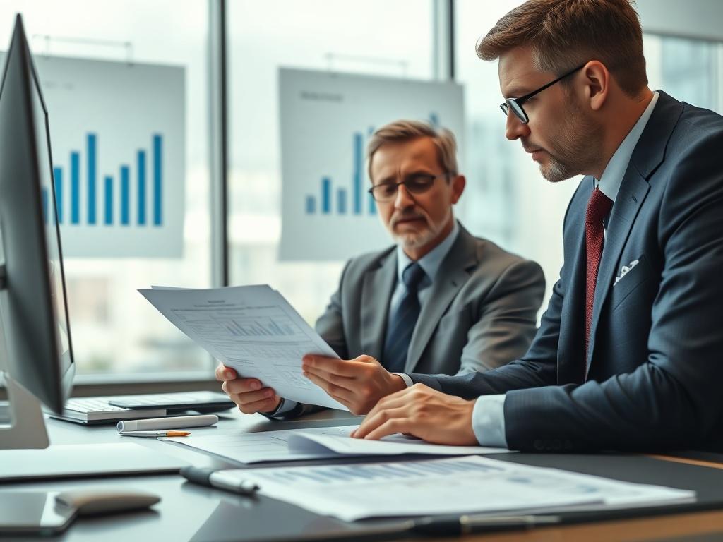 A close-up shot of a business owner discussing tax documents with a tax advisor in a modern office environment. The scene reflects professionalism and collaboration, with charts and graphs visible in the background, highlighting the analytical aspect of business tax preparation.