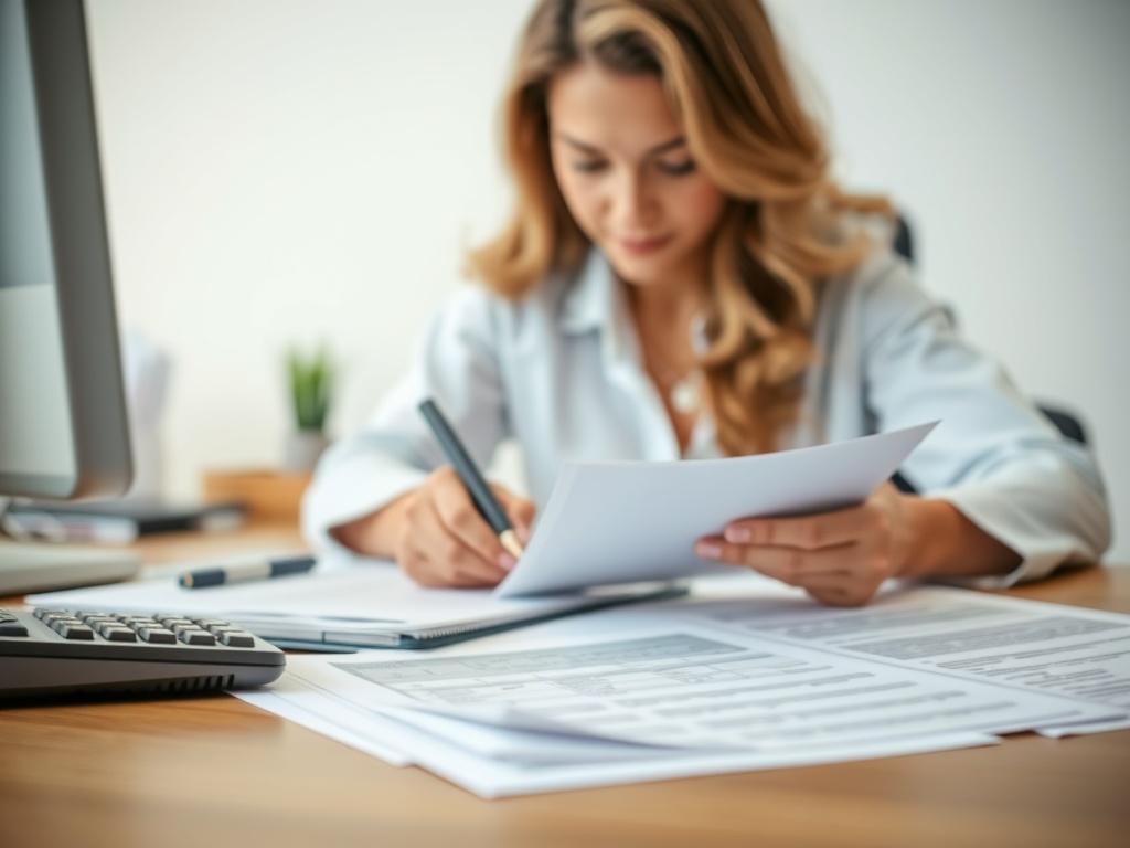 A close-up shot of a tax professional reviewing documents at a desk, with tax forms and a calculator visible. The setting should be well-lit, conveying a sense of professionalism and focus. The background should be a simple office environment, emphasizing the seriousness of tax preparation.
