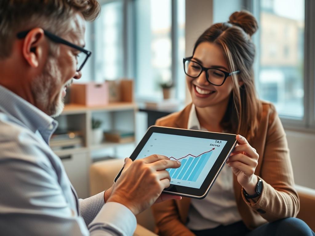 A close-up shot of a happy client reviewing their tax savings with a tax advisor. The advisor should be showing a positive graph on a tablet, indicating financial growth. The office should have a warm and inviting atmosphere, reflecting success.