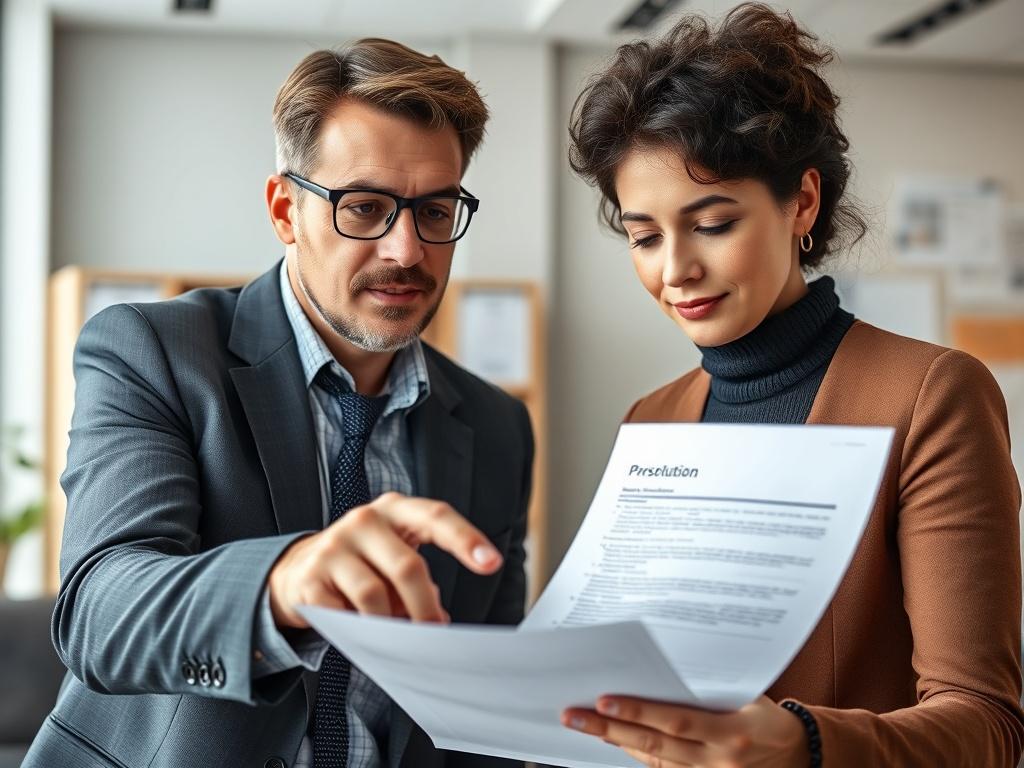 A high-resolution image of a tax consultant explaining compliance regulations to a client. The consultant should be pointing at a document, with a look of clarity and professionalism. The background should be clean and organized, reflecting a trustworthy environment.