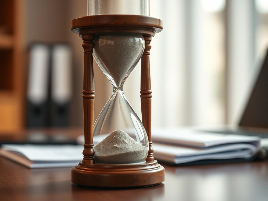 Create a realistic high-resolution photo that reflects the theme of tax deadlines and financial diligence. The single subject of the image should be an elegant hourglass, symbolizing the passage of time and the urgency of understanding IRS Collection Statute Expiration Dates (CSED). The hourglass should be crafted from polished wood with an intricate design, showcasing fine craftsmanship. 

The sand within the hourglass should flow smoothly from the upper chamber to the lower chamber, emphasizing the concep