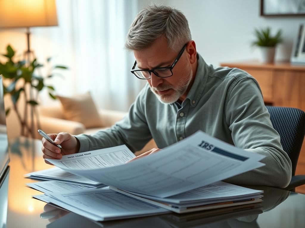 **AI Image Generation Prompt:**

Create a hyper-realistic, high-resolution close-up photograph featuring a single subject: a person intently examining IRS wage and income transcripts on a sleek, modern desk. The individual is a middle-aged man, wearing reading glasses, focused on the detailed documents spread out in front of him. 

Composition should be simple and clear, highlighting the man’s expression of concentration as he navigates the complex codes and jargon present in the transcripts. The background