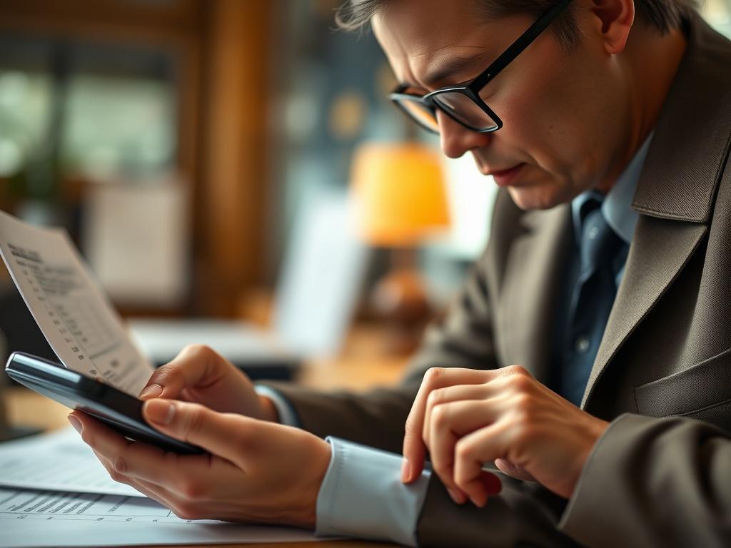 A close-up shot of a tax professional reviewing financial documents with a calculator, showcasing focused determination. The background is blurred to emphasize the subject, with warm lighting that conveys a sense of professionalism and trust.