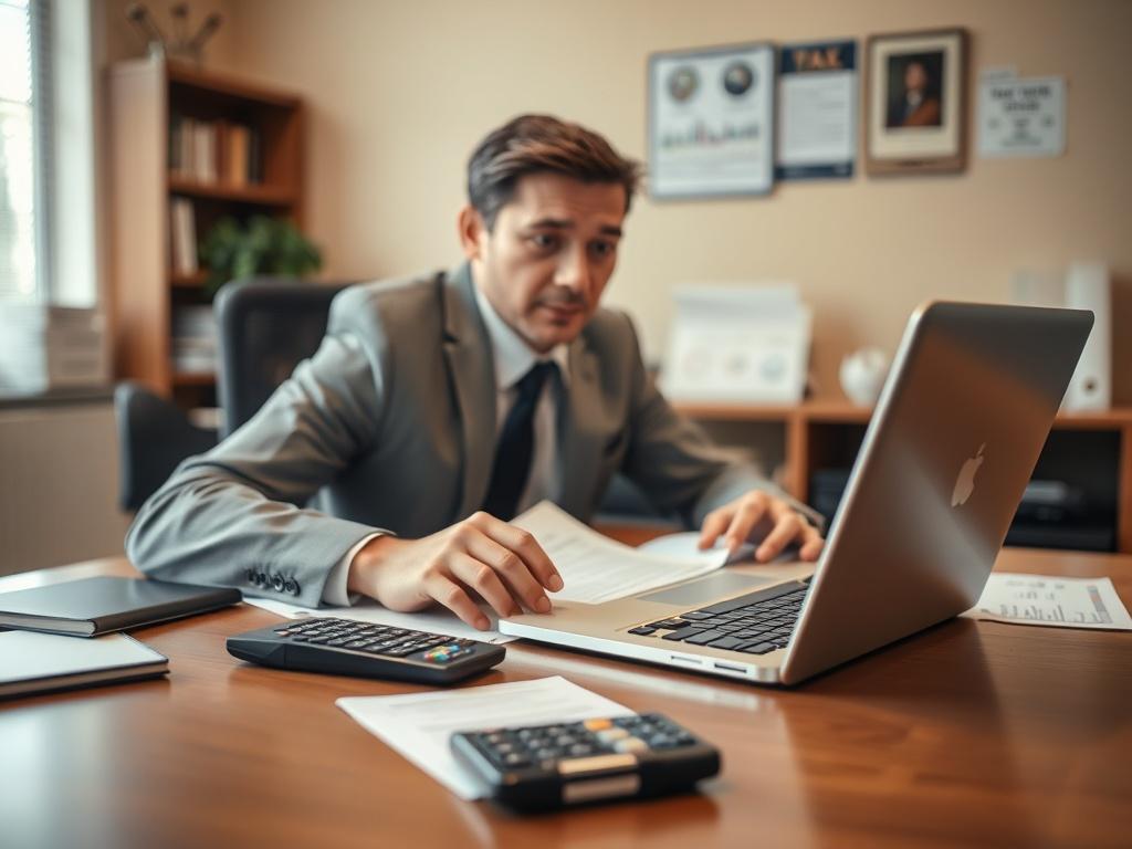 A professional tax preparer sitting at a desk with a laptop open, surrounded by tax documents and a calculator. The scene is well-lit, showcasing the preparer focused on their work. The background is a tidy office environment with a warm color palette, emphasizing professionalism and accuracy.