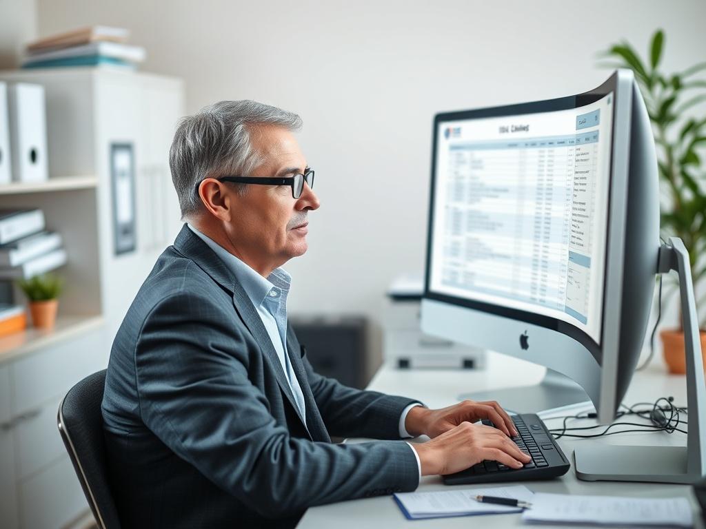 **AI Image Generation Prompt:**

Create a highly realistic, high-resolution photo centered on a single subject representing tax preparation services. The image should feature a professional tax consultant seated at a modern, clutter-free desk, focused intently on a computer screen displaying IRS Wage & Income Transcripts. The consultant is a middle-aged individual, dressed in professional attire, with a look of concentration and determination. 

In the background, include subtle elements that emphasize a ta