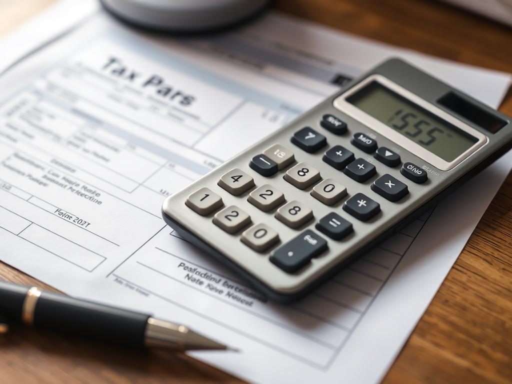 A close-up shot of a calculator with tax documents and a pen beside it on a wooden desk. The focus is on the calculator displaying numbers, symbolizing careful calculation and maximizing deductions. The warm lighting creates an inviting atmosphere.