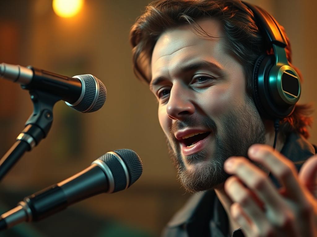 A close-up shot of a musician speaking into a microphone during an interview, with a warm and inviting atmosphere. The background is softly blurred, focusing on the musician's expressive face and gestures, capturing their passion for music. The color palette includes green tones that align with the primary color rgb(50, 170, 39), creating a cohesive visual experience.