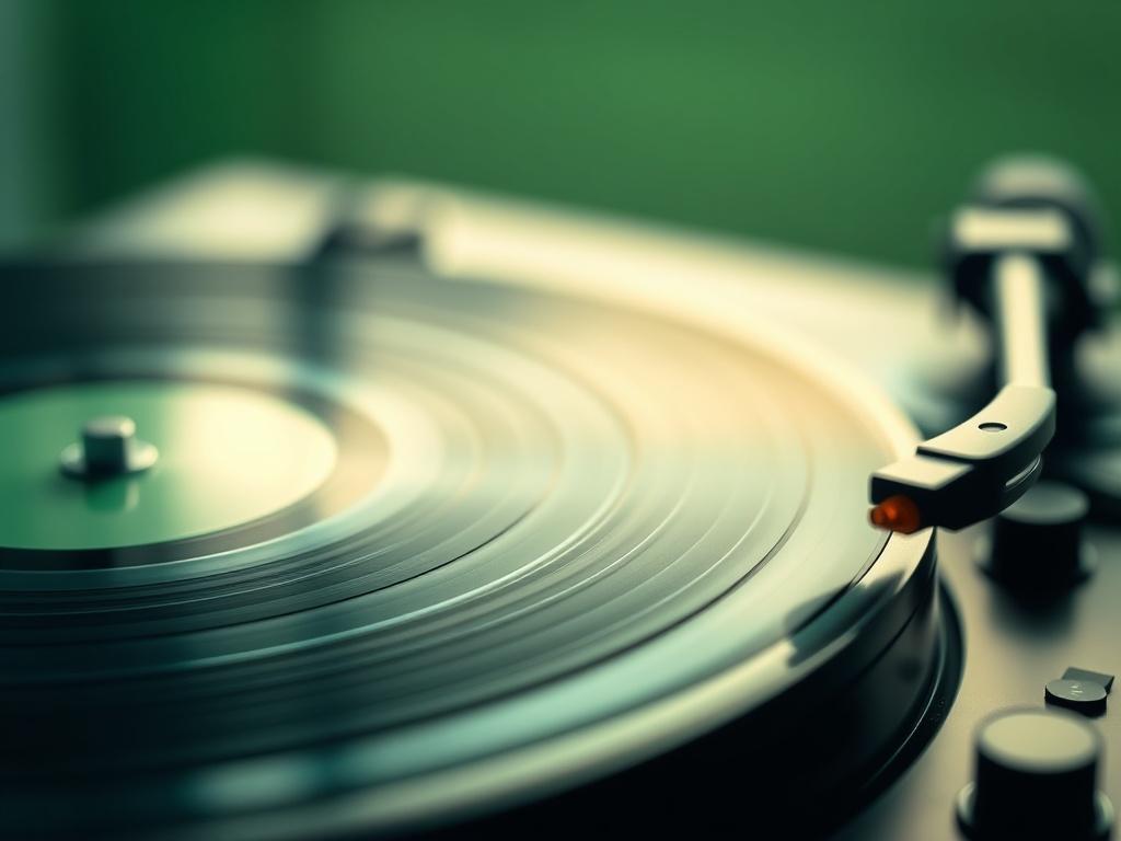 A close-up shot of a vinyl record spinning on a turntable, with soft lighting highlighting the grooves of the record. The background is blurred, focusing on the record and turntable, evoking a sense of nostalgia and warmth. The color palette features shades of green that complement the primary color rgb(50, 170, 39), creating a harmonious and inviting atmosphere.
