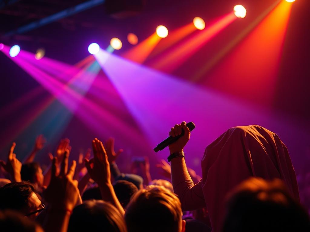 A close-up shot of a vibrant concert scene, focusing on an artist performing passionately in front of an enthusiastic crowd. The lighting should be dynamic, casting colorful beams that enhance the excitement of the moment. The background should feature blurred silhouettes of fans, creating a sense of immersion in the concert atmosphere. The overall color scheme should align with the rgb(50, 170, 39) primary color.