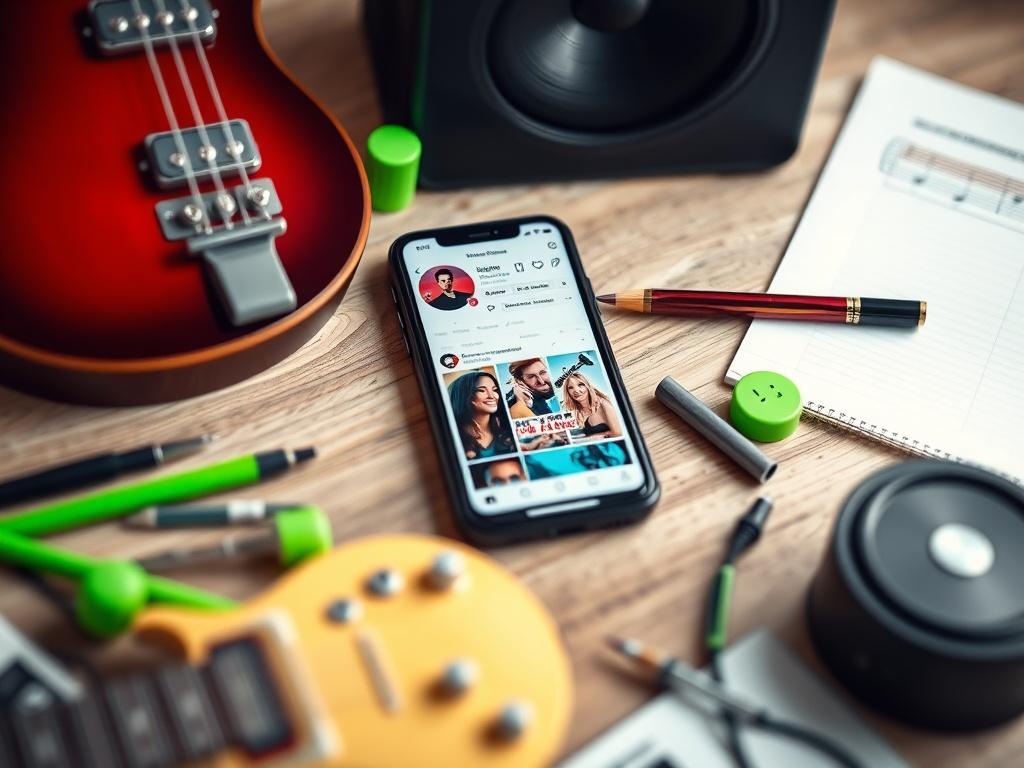 A close-up shot of a smartphone displaying a vibrant social media feed filled with music content, surrounded by musical instruments and creative tools. The background is softly blurred, emphasizing the phone and its screen, conveying a sense of modernity and connectivity. The color scheme incorporates green elements that resonate with the primary color rgb(50, 170, 39), enhancing the visual appeal.