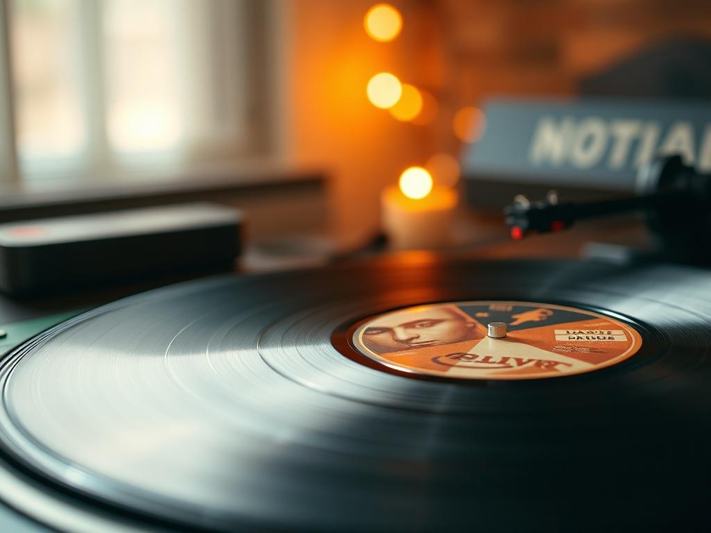 A close-up shot of an open vinyl album on a turntable, showcasing intricate details of the vinyl grooves and cover art. The background should be softly blurred to emphasize the album, with warm lighting to create a cozy and inviting atmosphere. The colors should complement the rgb(50, 170, 39) primary color, enhancing the overall visual appeal.