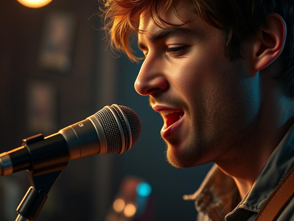 A close-up shot of a musician speaking into a vintage microphone, with an expressive face showcasing passion. The background should be softly blurred with hints of musical instruments, creating an intimate and engaging atmosphere. The colors should harmonize with the rgb(50, 170, 39) primary color, making the musician the focal point.