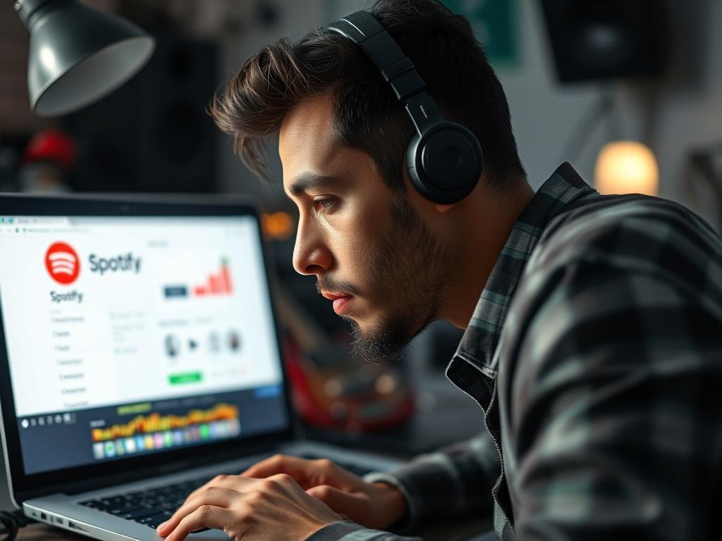 **AI Image Generation Prompt:**

Create a realistic high-resolution photo that captures the essence of a blog article titled "Spotify Pagamento Artistas – Entenda Como Funciona a Monetização". The composition should be simple and clear, featuring a single subject: a musician thoughtfully contemplating their earnings while looking at a laptop screen that displays Spotify’s interface. The close-up shot should focus on the musician's expression, revealing a mix of curiosity and determination. 

The background 