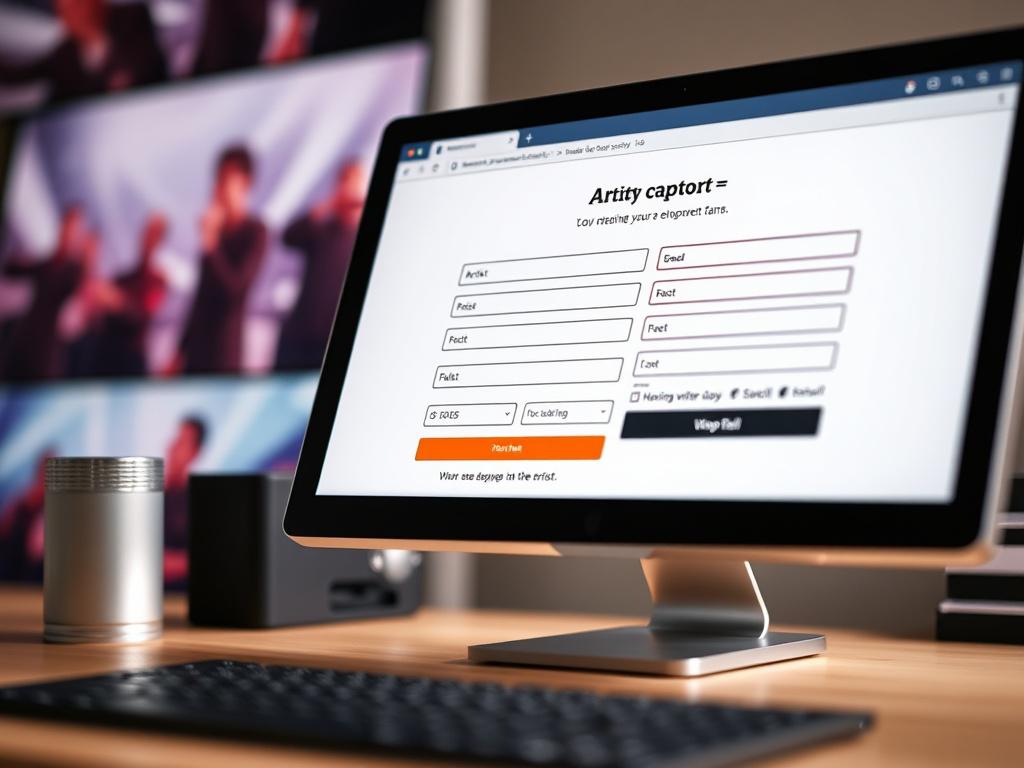 A close-up shot of a sleek lead capture form displayed on a computer screen, with a stylish design and engaging graphics in the background. The form showcases fields for artist and fan information, set against a harmonious rgb(50, 170, 39) color palette to evoke a sense of connection.