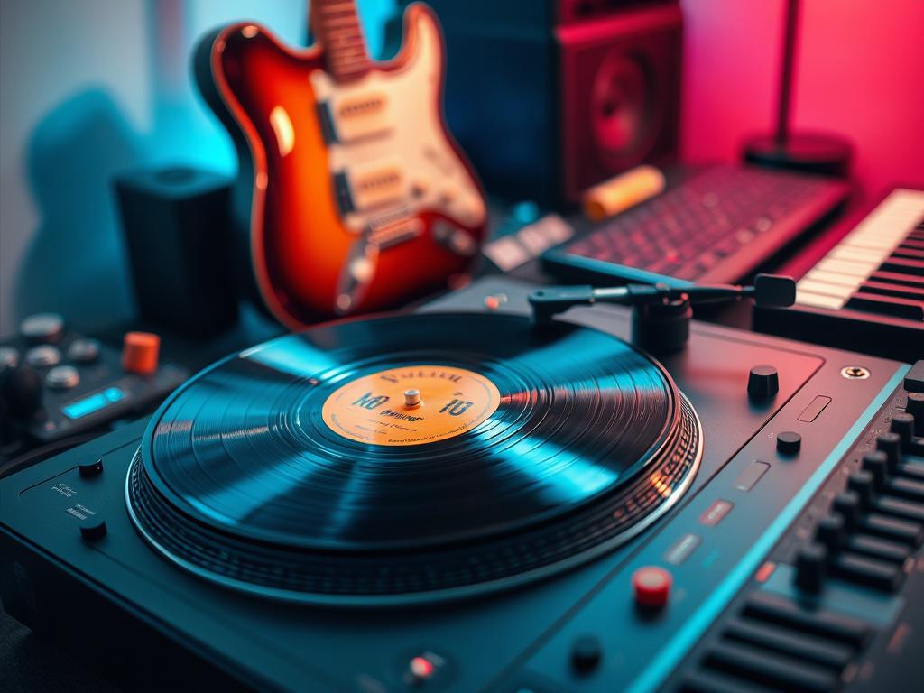 A close-up shot of a vibrant vinyl record spinning on a turntable, surrounded by various musical instruments, including a guitar and keyboard. The background features a soft glow of rgb(50, 170, 39) colors, creating an inviting atmosphere for music exploration.
