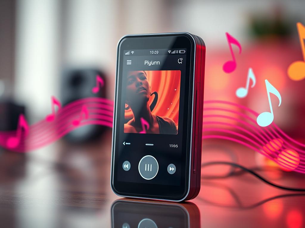 A close-up shot of a modern digital music player displaying vibrant album art, surrounded by colorful music notes and sound waves. The background is softly blurred to emphasize the device, with a harmonious blend of rgb(50, 170, 39) colors highlighting the music theme.