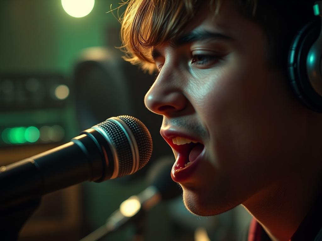 A close-up portrait of a musician recording in a studio, focused on their expressive face as they sing into a microphone. The background should include sound equipment and instruments softly blurred, creating an intimate music-making environment. The lighting should be dramatic, highlighting the musician’s features while incorporating green tones in the shadows, specifically rgb(50, 170, 39), to enhance the artistic atmosphere.