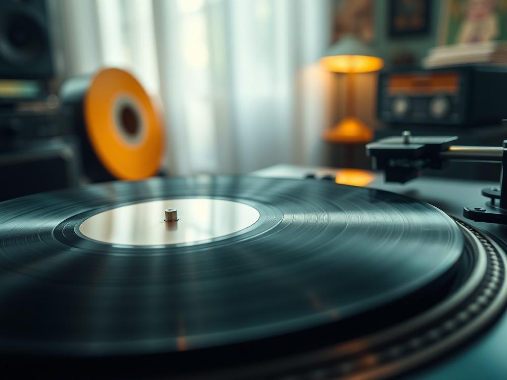 A close-up shot of an open vinyl record on a turntable, showcasing the intricate grooves, with a warm, inviting atmosphere. The background should be softly blurred, emphasizing the record while hinting at a cozy room filled with musical instruments and records. The lighting should be soft and natural, creating a nostalgic vibe. The color scheme should incorporate shades of green, specifically rgb(50, 170, 39), to complement the overall aesthetic.