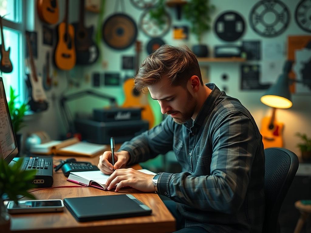 A close-up shot of a musician sitting at a desk, thoughtfully writing on a notebook with a guitar resting beside them. The background should be a softly lit room filled with musical elements, creating a creative workspace atmosphere. The image should convey inspiration and focus, with green tones in the decor, specifically rgb(50, 170, 39), adding a fresh touch to the scene.