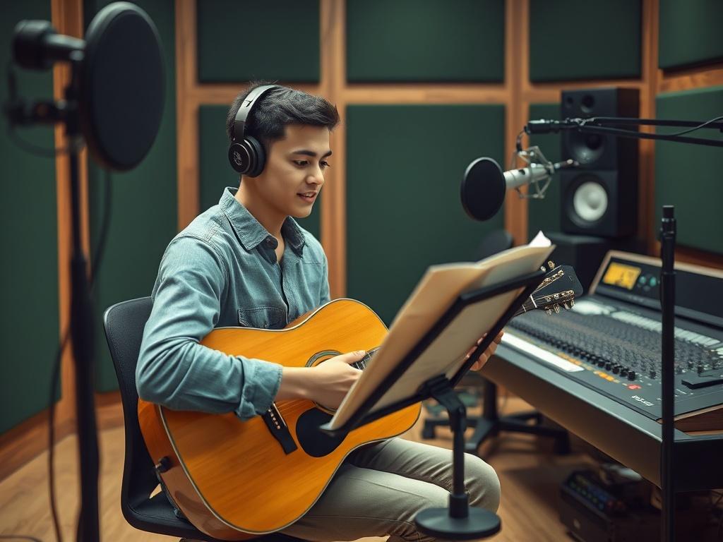 **Prompt for AI Image Generation:**

Create a realistic high-resolution photo that captures the essence of a musician preparing to record their first song in a professional studio. The composition should be straightforward and focused on one subject: a young musician, either male or female, sitting at a recording booth with an acoustic guitar. The musician should have an expression of determination and excitement as they review sheet music on a stand in front of them.

The background should showcase element