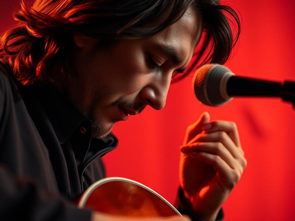 A close-up shot of a musician deeply focused on playing a guitar, showcasing intricate details of the instrument and the musician's expression. The background should be softly blurred to emphasize the subject, with warm lighting that captures the essence of a live performance. The color scheme should align with rgb(50, 170, 39) to create a harmonious visual experience.