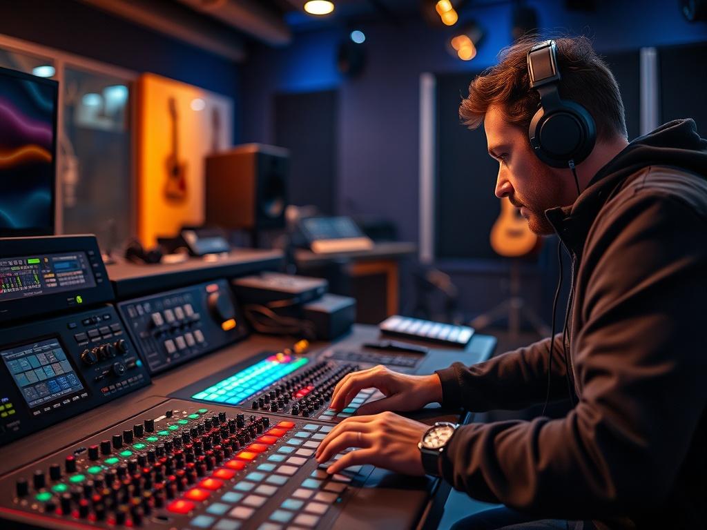 A hyper-realistic close-up shot of a music producer working at a mixing console, with vibrant lights reflecting on the equipment. The background should be a modern studio environment, showcasing sound panels and musical instruments subtly in focus, creating an immersive atmosphere.