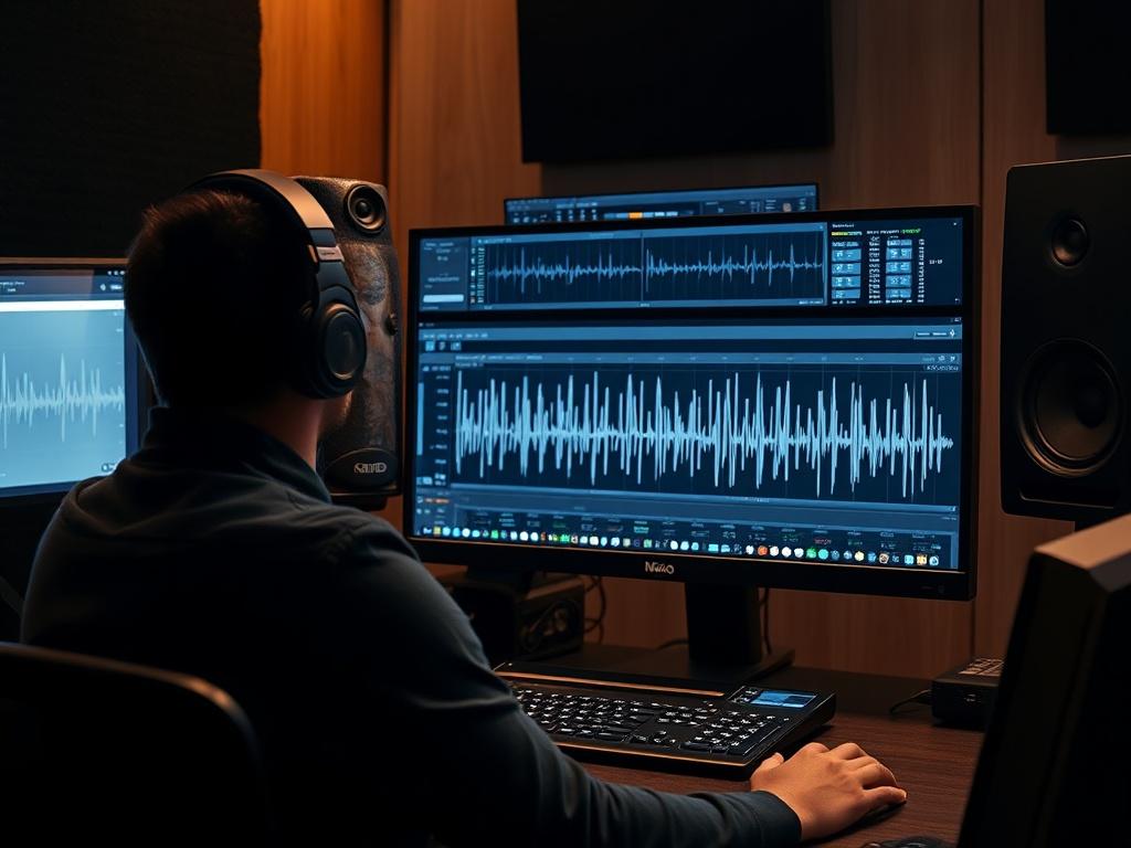 A hyper-realistic close-up shot of an audio engineer analyzing sound waves on a computer screen, surrounded by high-quality studio monitors. The setting should convey a sense of professionalism and focus on the art of sound.